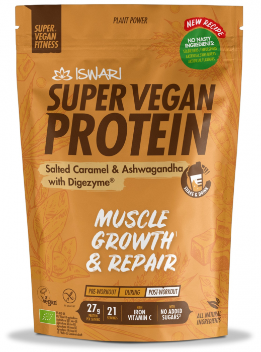 Proteina Super Vegan BIO(dupa efort) ashwagandha si caramel(format mediu) Iswari
