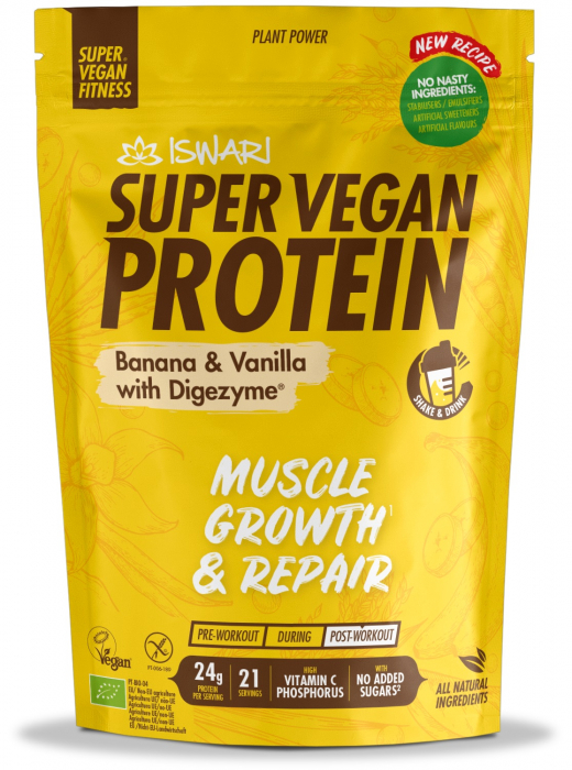 Proteina Super Vegan BIO(dupa efort) banane si vanilie cu DigeZyme(format mediu) Iswari