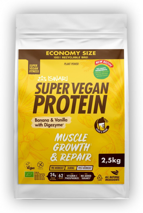 Proteina Super Vegan BIO(dupa efort) banane si vanilie cu DigeZyme(format XXL) Iswari [2]