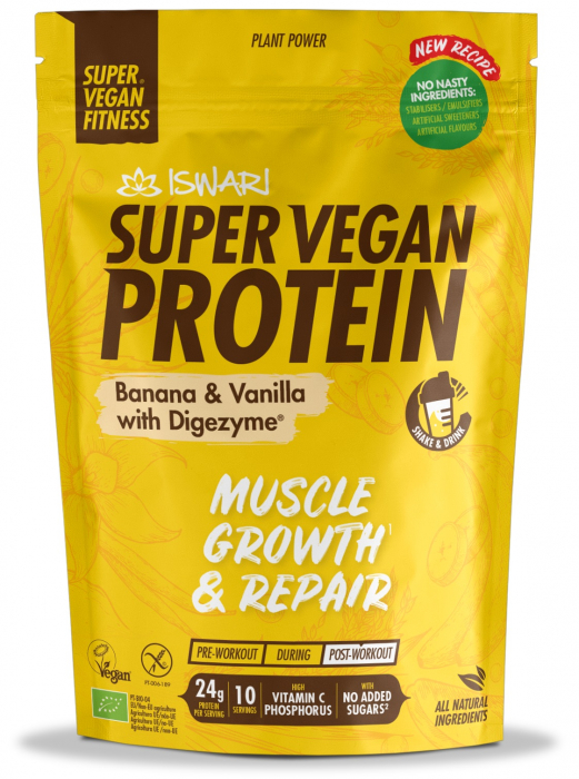 Proteina Super Vegan BIO(dupa efort) banane si vanilie cu DigeZyme Iswari