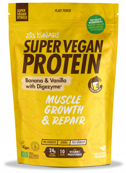 Proteina Super Vegan BIO(dupa efort) banane si vanilie cu dygezime Iswari [2]