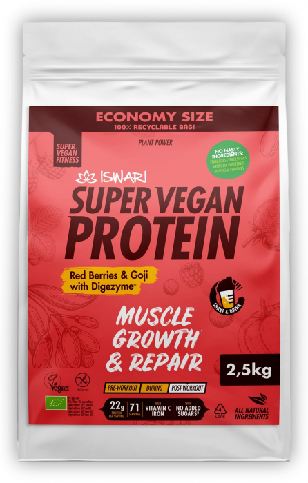 Proteina Super Vegan BIO(dupa efort) fructe rosii si goji cu DigeZyme(format XXL) Iswari