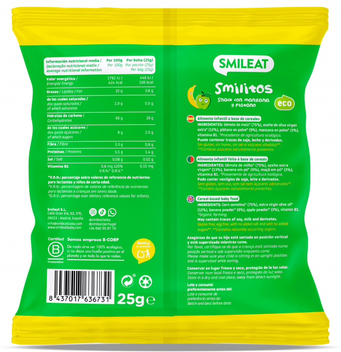 Pufuleti Smilitos BIO cu ulei de masline, banane si mere, +8 luni Smileat [4]