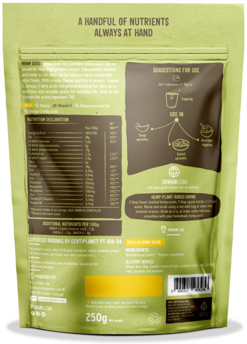 Seminte de canepa BIO decorticate, fara gluten Iswari [2]