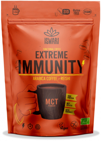 Bauturi instant functionale - Cafea BIO Extreme Immunity, cu MCT, cafea arabica, cacao si reishi Iswari