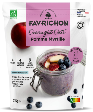 Cereale mic dejun - Cereale fara zahar BIO din ovaz, cu mar si afine(preparare peste noapte) Favrichon