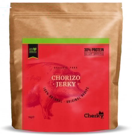 Gustari proteice din carne - Gustare BIO din carne de porc si Chorizo, format mare(30% proteine) Cherky