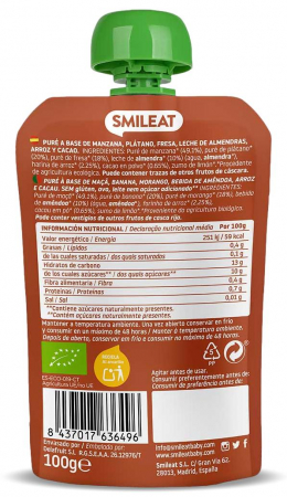 Gustare piure BIO din lapte de migdale, cacao si capsuni, +9 luni Smileat [1]