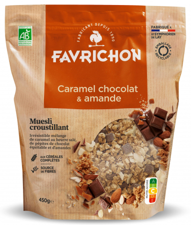 Cereale mic dejun - Musli BIO crocant cu caramel, ciocolata si migdale Favrichon
