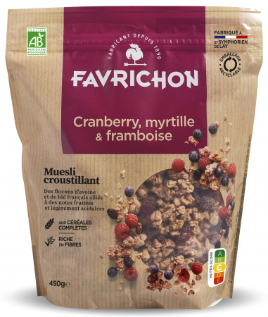 Cereale mic dejun - Musli BIO crocant cu merisor, afine si zmeura Favrichon