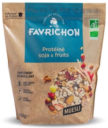 Cereale mic dejun - Musli BIO fara zahar cu 40% proteine, soia si fructe Favrichon