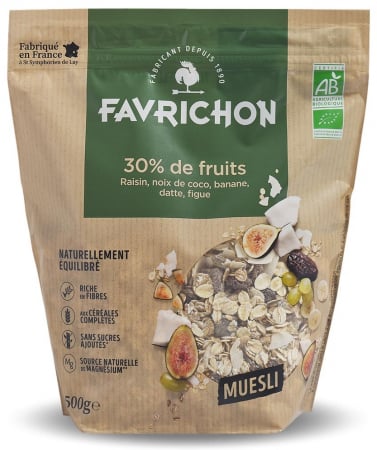Cereale mic dejun - Musli fara zahar BIO traditional cu 30% continut de fructe si nuci Favrichon
