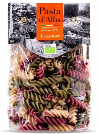 Paste tricolore - Paste tricolore fusilli BIO din grau dur, spanac si sfecla rosie Pasta d'Alba