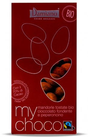 Praline cu ciocolata - Praline BIO de migdale invelite in ciocolata neagra cu chili Damiano