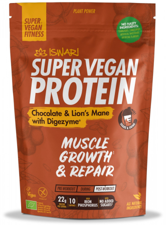 Proteine vegane pentru sportivi - Proteina Super Vegan BIO ciocolata si coama de leu cu DigeZyme(format mediu) Iswari