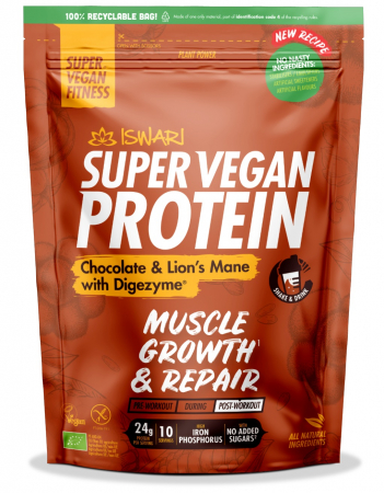 Proteine vegane pentru sportivi - Proteina Super Vegan BIO(dupa efort) ciocolata si coama de leu cu DigeZyme Iswari