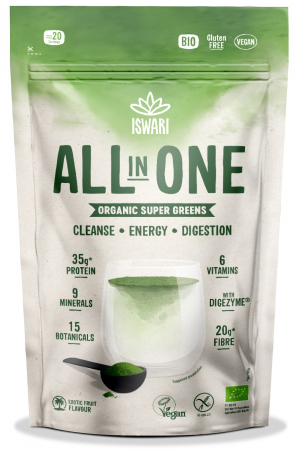 Energie, tonus si vitalitate - Pulbere proteica verde All In One BIO, cu 6 vitamine si 9 minerale Iswari