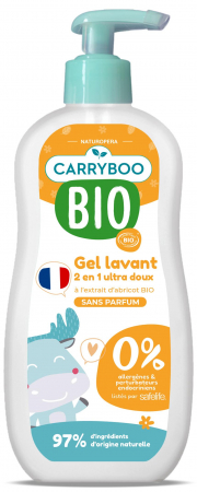 Produse de ingrijire bebelusi - Sampon si gel dus BIO delicat pentru bebelusi, fara parfum, cu extract de caise Carryboo