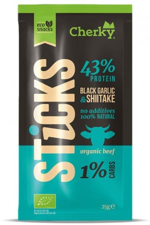 Lichidari - Sticksuri BIO din carne de vita cu usturoi negru si ciuperci shiitake(43% proteine) Cherky