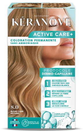 Vopsea pentru par - Vopsea permanenta pentru par, fara amoniac, 100% acoperire fire albe, blond deschis natural Keranove