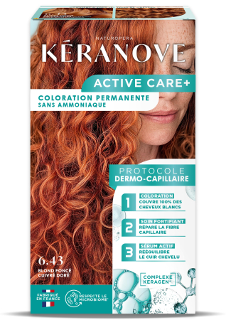 Vopsea pentru par - Vopsea permanenta pentru par, fara amoniac, 100% acoperire fire albe, blond inchis - cupru auriu Keranove