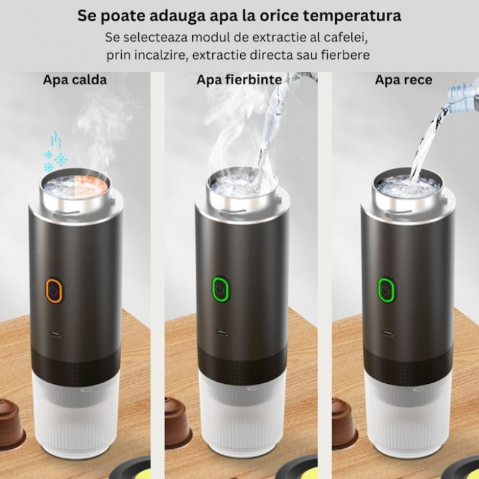 Espressor electric portabil, Aparat de cafea portabil, cafea macinata, capsule Nespresso, Nescafe, Dolce Gusto, mod incalzire apa sau cafea rece, putere 72W, baterie 2500mAh, incarcare USB C [7]