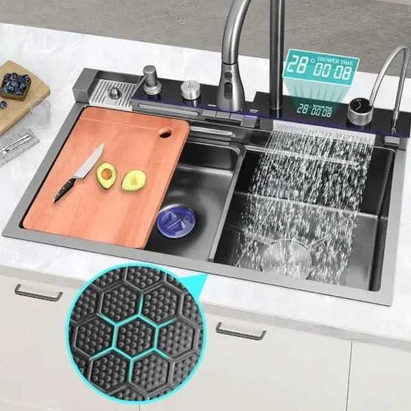 Chiuveta multifunctionala cu 2 cascade cu accesorii incluse, afisaj digital a temperaturii si robinet cascada, culoare negru grafit, dimensiune 750x460mm [3]