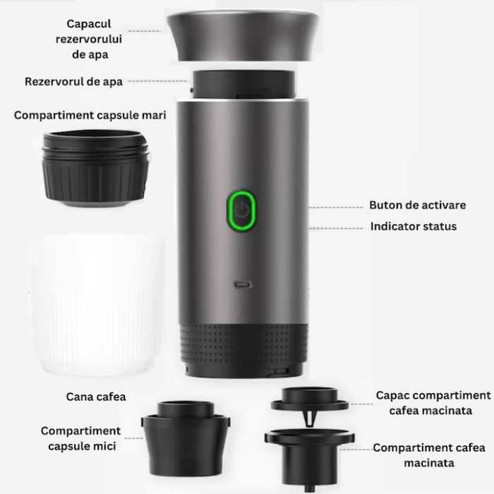 Espressor electric portabil, Aparat de cafea portabil, cafea macinata, capsule Nespresso, Nescafe, Dolce Gusto, mod incalzire apa sau cafea rece, putere 72W, baterie 2500mAh, incarcare USB C [6]