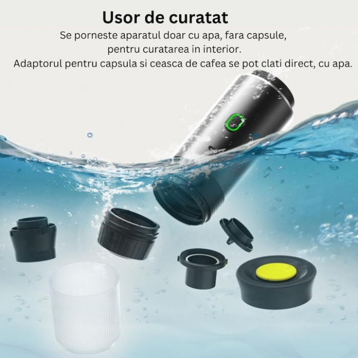 Espressor electric portabil, Aparat de cafea portabil, cafea macinata, capsule Nespresso, Nescafe, Dolce Gusto, mod incalzire apa sau cafea rece, putere 72W, baterie 2500mAh, incarcare USB C [9]