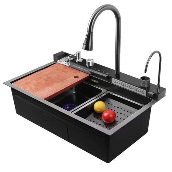 Chiuveta multifunctionala cu 2 cascade cu accesorii incluse, afisaj digital a temperaturii si robinet cascada, culoare negru grafit, dimensiune 750x460mm [8]