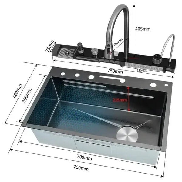 Chiuveta multifunctionala cu 2 cascade cu accesorii incluse, afisaj digital a temperaturii si robinet cascada, culoare negru grafit, dimensiune 750x460mm [7]