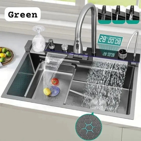 Chiuveta multifunctionala cu 2 cascade cu accesorii incluse, afisaj digital a temperaturii si robinet cascada, culoare negru grafit, dimensiune 750x460mm [5]