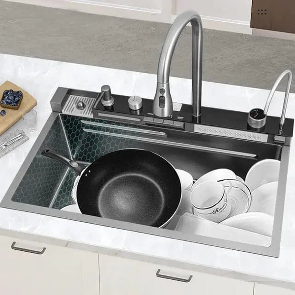 Chiuveta multifunctionala cu 2 cascade cu accesorii incluse, afisaj digital a temperaturii si robinet cascada, culoare negru grafit, dimensiune 750x460mm [2]