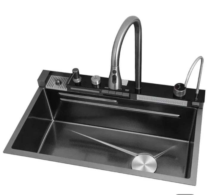 Chiuveta multifunctionala cu 2 cascade cu accesorii incluse, afisaj digital a temperaturii si robinet cascada, culoare negru grafit, dimensiune 750x460mm [9]