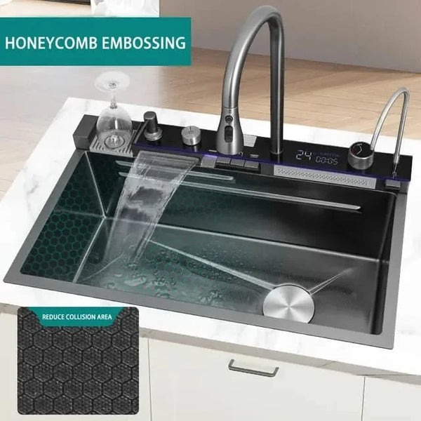 Chiuveta multifunctionala cu 2 cascade cu accesorii incluse, afisaj digital a temperaturii si robinet cascada, culoare negru grafit, dimensiune 750x460mm [6]