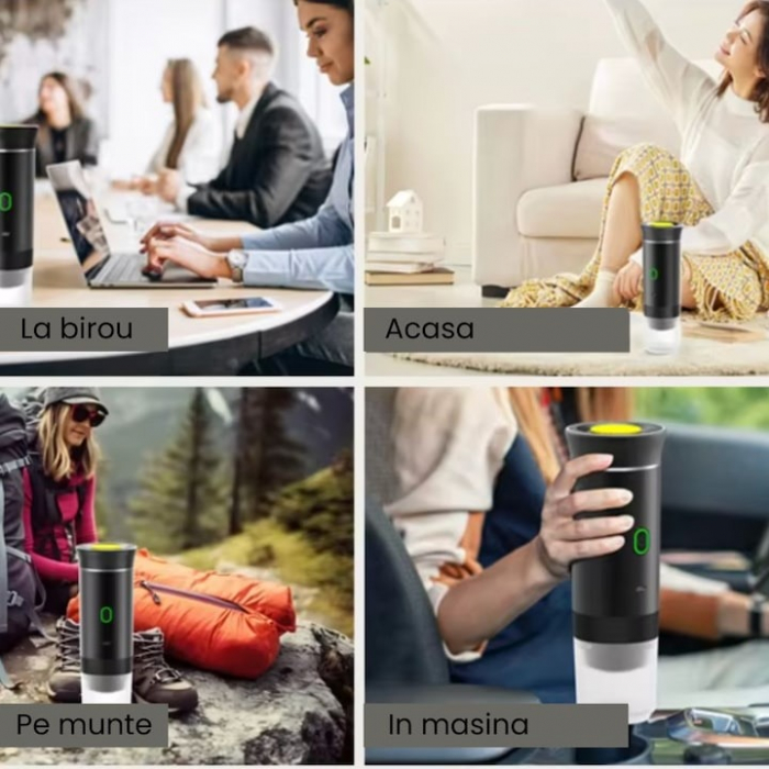 Espressor electric portabil, Aparat de cafea portabil, cafea macinata, capsule Nespresso, Nescafe, Dolce Gusto, mod incalzire apa sau cafea rece, putere 72W, baterie 2500mAh, incarcare USB C [10]