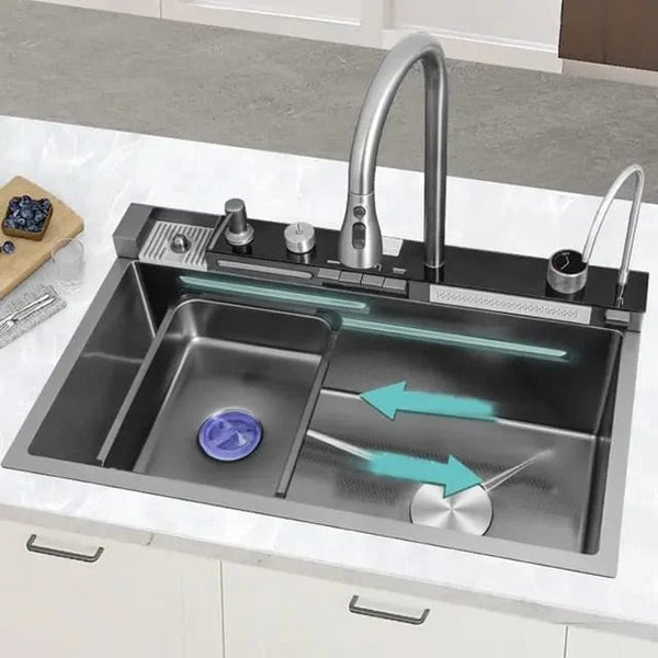 Chiuveta multifunctionala cu 2 cascade cu accesorii incluse, afisaj digital a temperaturii si robinet cascada, culoare negru grafit, dimensiune 750x460mm [4]