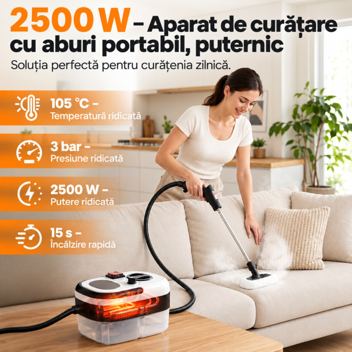 Aparat Profesional de Curatare cu Aburi 2500W, 105°C, Reglaj 6 Trepte, Degresare si Dezinfectare Rapida [2]