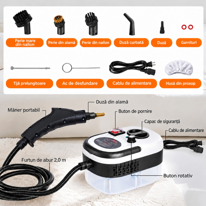 Aparat Profesional de Curatare cu Aburi 2500W, 105°C, Reglaj 6 Trepte, Degresare si Dezinfectare Rapida [13]