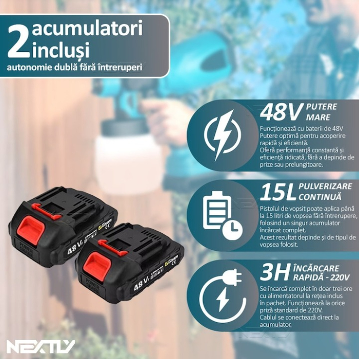 Pistol de vopsit cu acumulator, capacitate 800 ml, debit reglabil, 3 moduri de pulverizare, autonomie mare, 2 acumulatori inclusi de 48V, vascozitate 130din, debit maxim 1l/min, negru-albastru [5]