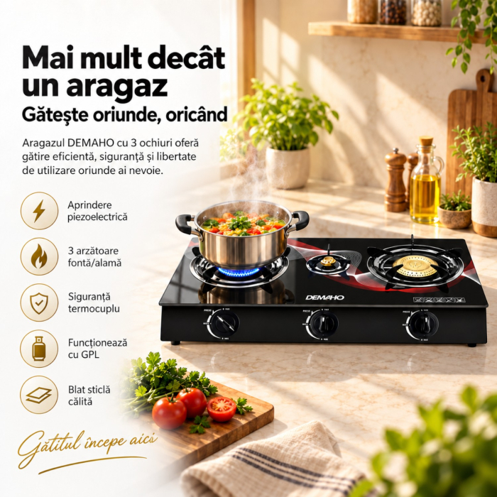 Aragaz DEMAHO cu 3 Ochiuri, Plita din Sticla Securizata, Aprindere Piezoelectrica, Arzatoare Fonta/Alama, Siguranta Termocuplu, GPL, 70x37.5x8.5 cm, Negru [12]
