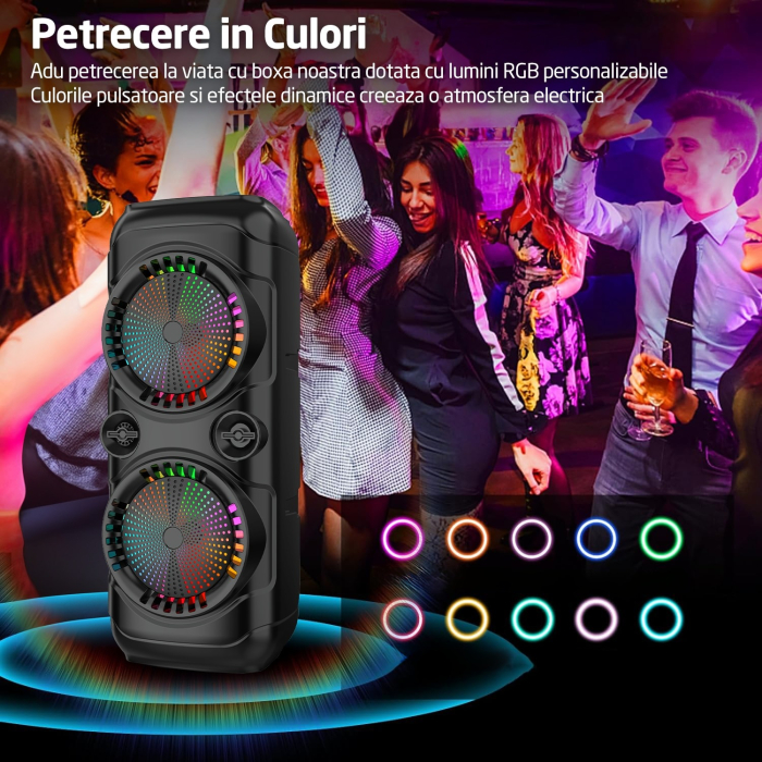 Boxa Portabila Tip Troler 7STAR®, Microfon, Telecomanda, Bluetooth 5.0, 350W, 2400mAh, Jocuri Lumini RGB, Conexiune USB, Auxiliar, Card SD, Radio FM, Doua Difuzoare 8 Inch [4]
