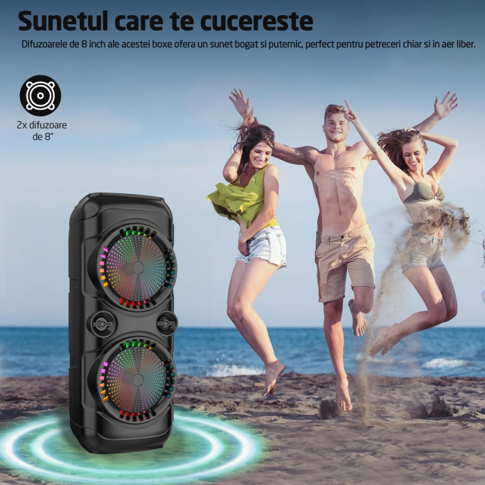 Boxa Portabila Tip Troler 7STAR®, Microfon, Telecomanda, Bluetooth 5.0, 350W, 2400mAh, Jocuri Lumini RGB, Conexiune USB, Auxiliar, Card SD, Radio FM, Doua Difuzoare 8 Inch [3]