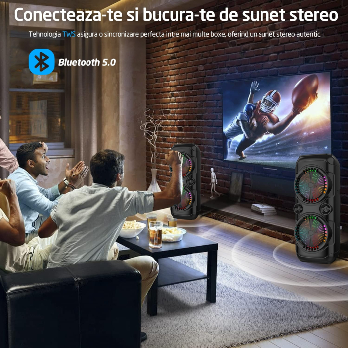 Boxa Portabila Tip Troler 7STAR®, Microfon, Telecomanda, Bluetooth 5.0, 350W, 2400mAh, Jocuri Lumini RGB, Conexiune USB, Auxiliar, Card SD, Radio FM, Doua Difuzoare 8 Inch [5]
