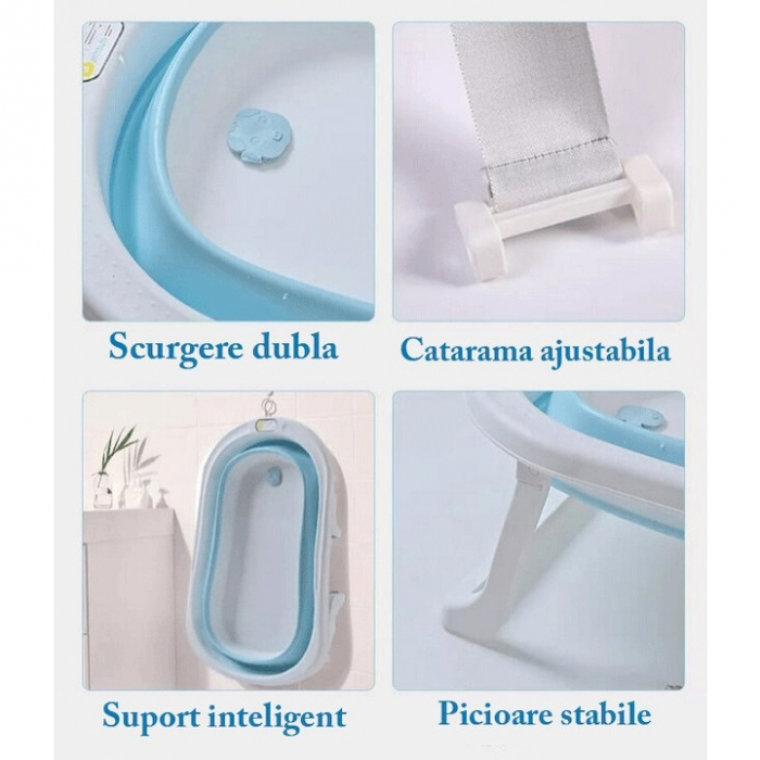 Cadita cu pernuta pentru bebelusi, termometru digital incorporat, pliabila, dop de scurgere, picioare anti-alunecare, design ergonomic, 75 x 45 x 22 cm, Albastru [5]
