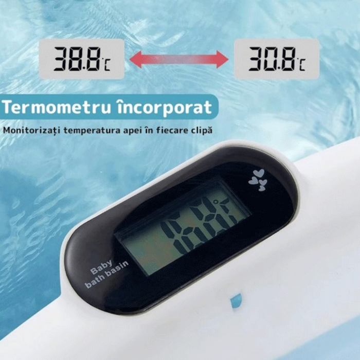 Cadita cu pernuta pentru bebelusi, termometru digital incorporat, pliabila, dop de scurgere, picioare anti-alunecare, design ergonomic, 75 x 45 x 22 cm, Albastru [4]