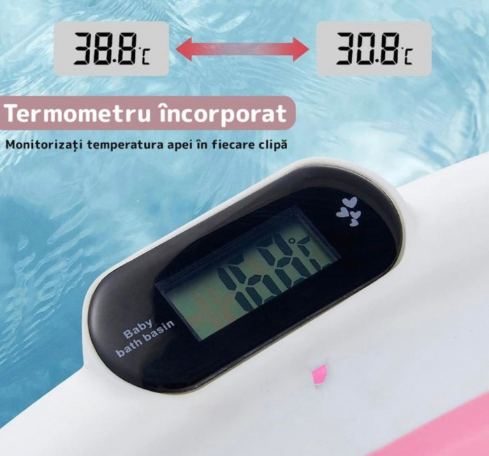 Cadita cu pernuta pentru bebelusi, termometru digital incorporat, pliabila, dop de scurgere, picioare anti-alunecare, design ergonomic, 75 x 45 x 22 cm, Roz [5]