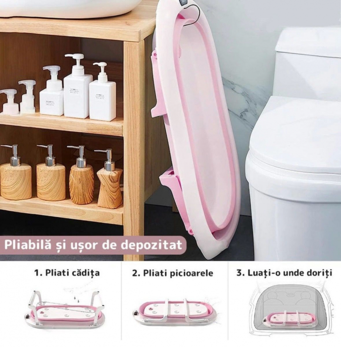 Cadita cu pernuta pentru bebelusi, termometru digital incorporat, pliabila, dop de scurgere, picioare anti-alunecare, design ergonomic, 75 x 45 x 22 cm, Roz [6]