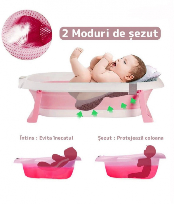 Cadita cu pernuta pentru bebelusi, termometru digital incorporat, pliabila, dop de scurgere, picioare anti-alunecare, design ergonomic, 75 x 45 x 22 cm, Roz [4]