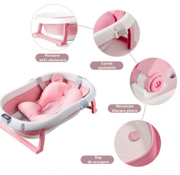 Cadita cu pernuta pentru bebelusi, termometru digital incorporat, pliabila, dop de scurgere, picioare anti-alunecare, design ergonomic, 75 x 45 x 22 cm, Roz [2]
